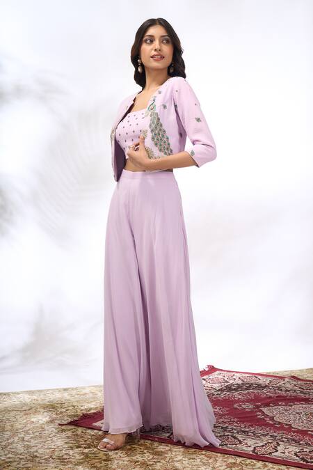 Samyukta Singhania_Lilac Georgette Embroidery Round , Square Peacock Jacket Sharara Set _Online_at_Aza_Fashions