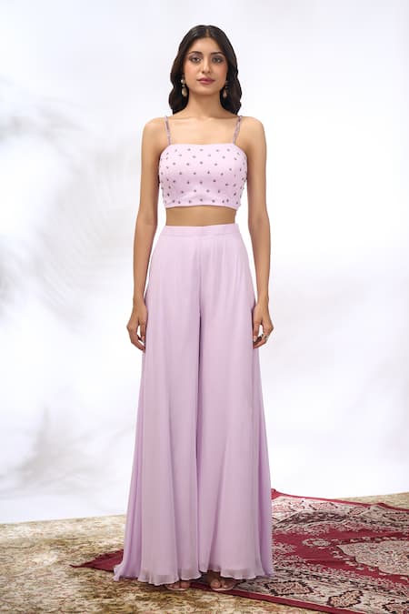 Buy_Samyukta Singhania_Lilac Georgette Embroidery Round , Square Peacock Jacket Sharara Set _Online_at_Aza_Fashions