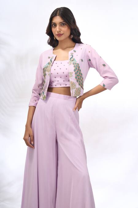 Shop_Samyukta Singhania_Lilac Georgette Embroidery Round , Square Peacock Jacket Sharara Set _Online_at_Aza_Fashions