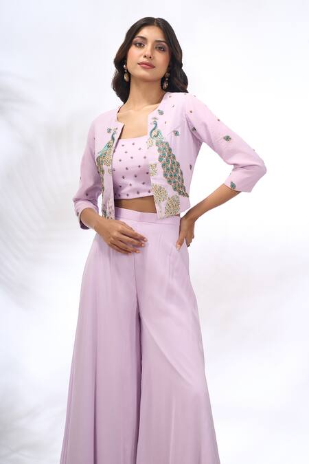 Samyukta Singhania_Lilac Georgette Embroidery Round , Square Peacock Jacket Sharara Set _at_Aza_Fashions