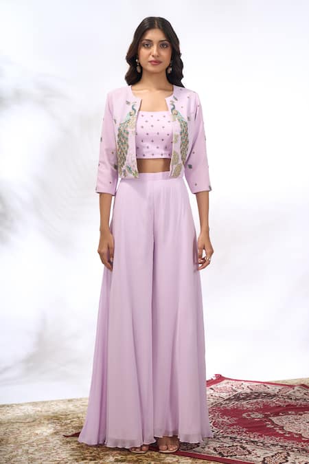 Buy_Samyukta Singhania_Lilac Georgette Embroidery Round , Square Peacock Jacket Sharara Set 