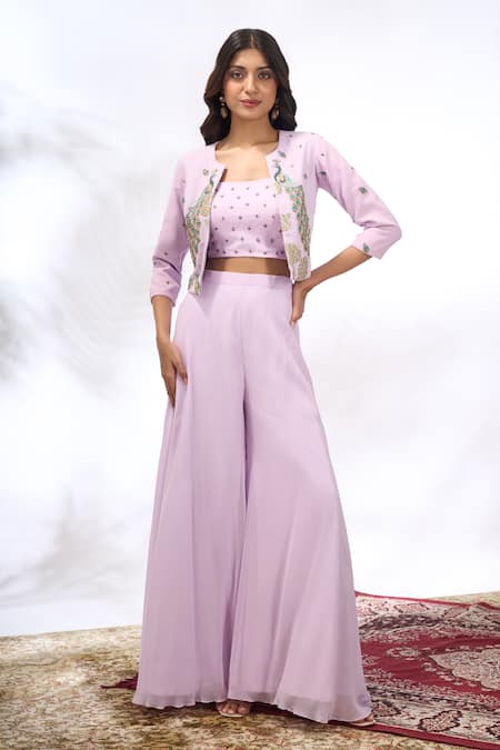 Shop_Samyukta Singhania_Lilac Georgette Embroidery Round , Square Peacock Jacket Sharara Set 
