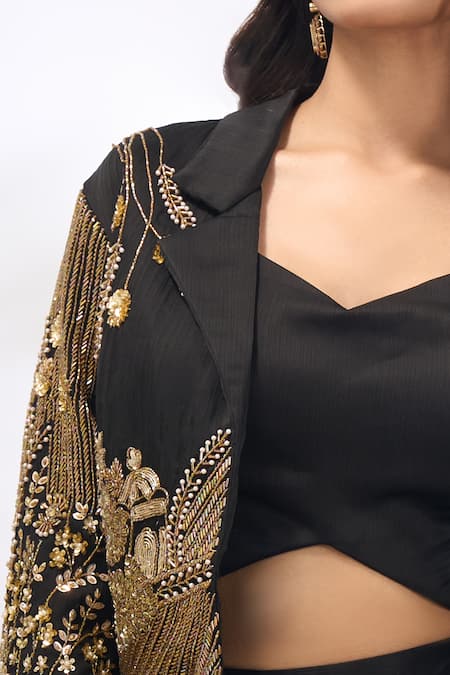 Shop_Samyukta Singhania_Black Georgette Collared, Sweetheart Neck Embroidered Cape And Skirt Set _Online_at_Aza_Fashions