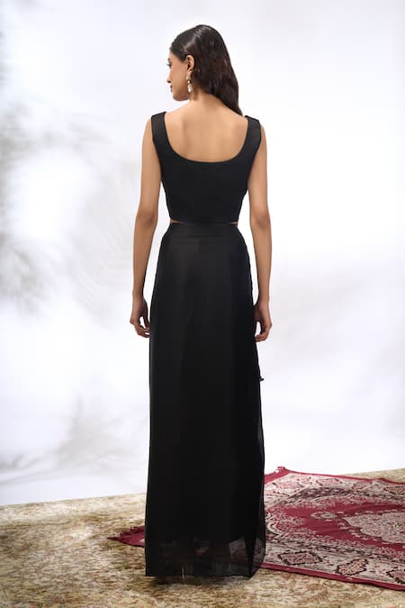 Shop_Samyukta Singhania_Black Georgette Collared, Sweetheart Neck Embroidered Cape And Skirt Set 