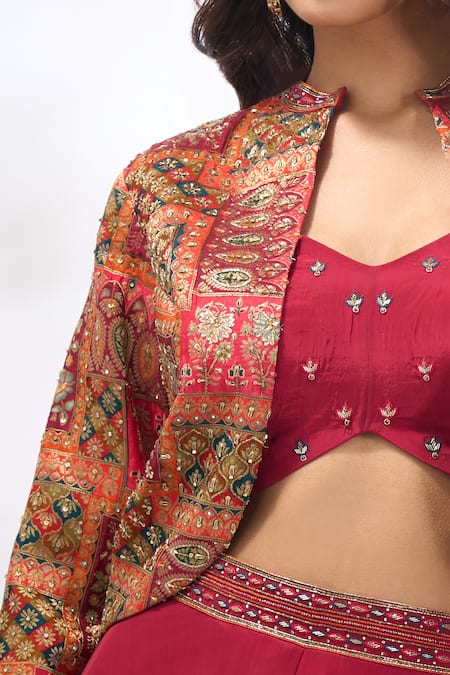 Buy_Samyukta Singhania_Red Georgette Embroidery Round , Sweetheart Jacket And Pant Set _Online_at_Aza_Fashions