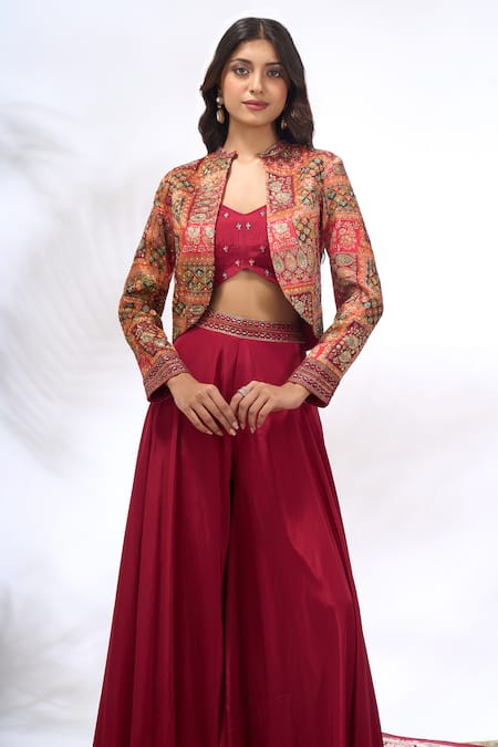 Samyukta Singhania_Red Georgette Embroidery Round , Sweetheart Jacket And Pant Set _at_Aza_Fashions