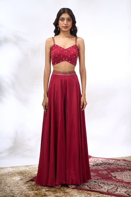 Buy_Samyukta Singhania_Red Georgette Embroidery Round , Sweetheart Jacket And Pant Set 