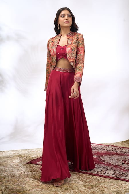 Shop_Samyukta Singhania_Red Georgette Embroidery Round , Sweetheart Jacket And Pant Set 