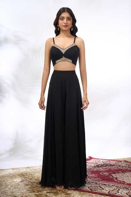 Buy_Samyukta Singhania_Black Georgette Embroidery, Sequins V-neck, Sweetheart Floral Jacket Skirt Set _Online_at_Aza_Fashions