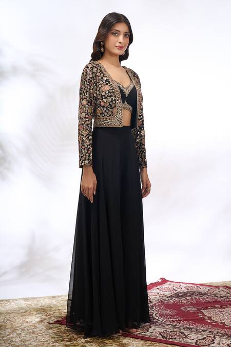 Shop_Samyukta Singhania_Black Georgette Embroidery, Sequins V-neck, Sweetheart Floral Jacket Skirt Set _Online_at_Aza_Fashions