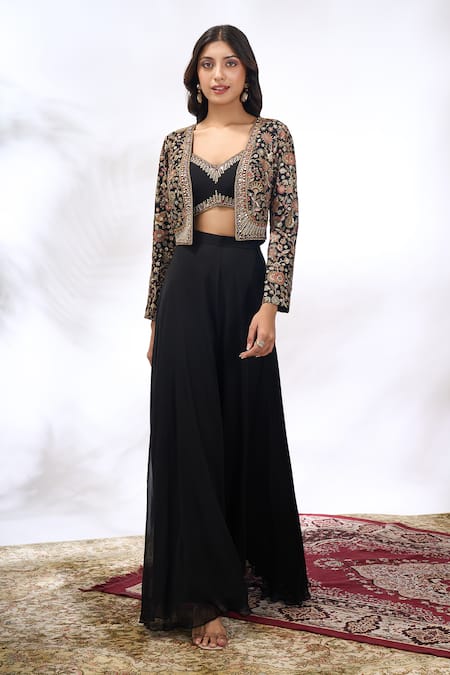 Shop_Samyukta Singhania_Black Georgette Embroidery, Sequins V-neck, Sweetheart Floral Jacket Skirt Set 