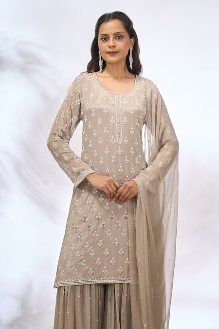 Buy_Samyukta Singhania_Gray Georgette Embroidery Round Neck Kurta Set _Online_at_Aza_Fashions