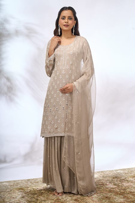 Shop_Samyukta Singhania_Gray Georgette Embroidery Round Neck Kurta Set _Online_at_Aza_Fashions