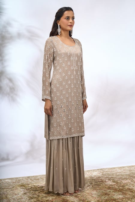 Shop_Samyukta Singhania_Gray Georgette Embroidery Round Neck Kurta Set 