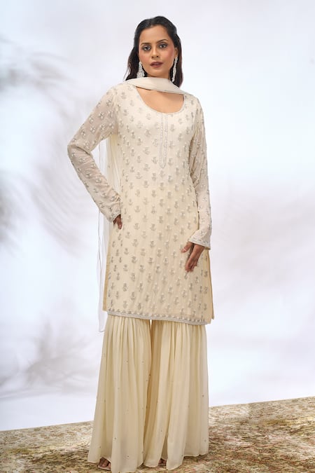 Shop_Samyukta Singhania_Ivory Georgette Embroidery, Sequins Round Neck Work Kurta Set _Online_at_Aza_Fashions