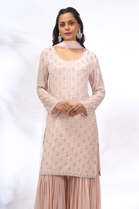 Samyukta Singhania_Peach Georgette Sequins, Embroidery Round Neck Work Kurta Set _Online_at_Aza_Fashions