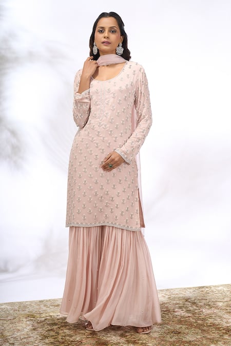 Shop_Samyukta Singhania_Peach Georgette Sequins, Embroidery Round Neck Work Kurta Set _Online_at_Aza_Fashions