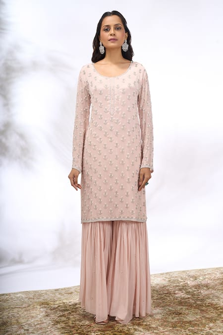 Samyukta Singhania_Peach Georgette Sequins, Embroidery Round Neck Work Kurta Set _at_Aza_Fashions