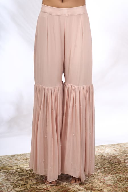 Shop_Samyukta Singhania_Peach Georgette Sequins, Embroidery Round Neck Work Kurta Set 