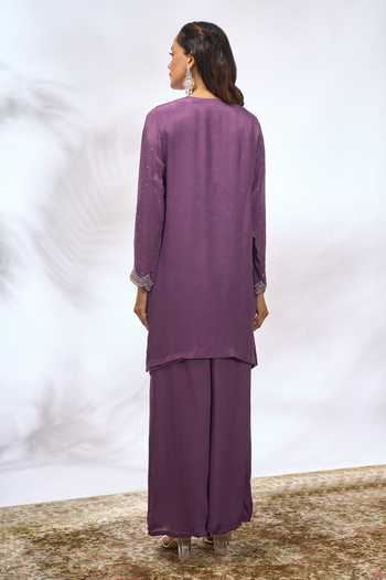 Shop Samyukta Singhania Purple Georgette Embroidery, Sequins Round Neck Work Kurta Set at Aza Fashions Shop_Samyukta Singhania_Purple Georgette Embroidery, Sequins Round Neck Work Kurta Set _at_Aza_Fashions