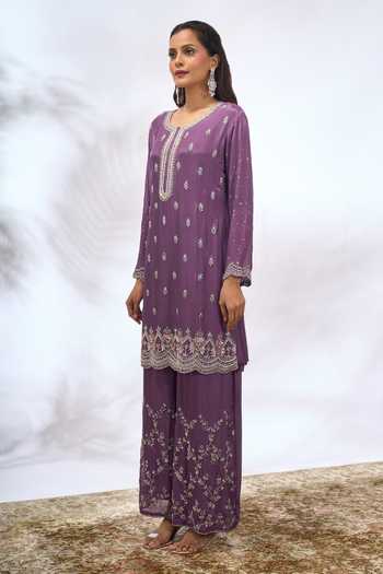 Shop Samyukta Singhania Purple Georgette Embroidery, Sequins Round Neck Work Kurta Set Online at Aza Fashions Shop_Samyukta Singhania_Purple Georgette Embroidery, Sequins Round Neck Work Kurta Set _Online_at_Aza_Fashions