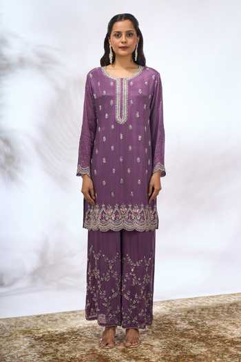 Buy Samyukta Singhania Purple Georgette Embroidery, Sequins Round Neck Work Kurta Set Buy_Samyukta Singhania_Purple Georgette Embroidery, Sequins Round Neck Work Kurta Set
