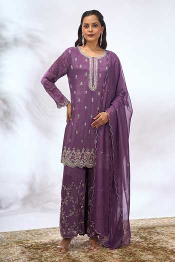 Shop Samyukta Singhania Purple Georgette Embroidery, Sequins Round Neck Work Kurta Set Shop_Samyukta Singhania_Purple Georgette Embroidery, Sequins Round Neck Work Kurta Set