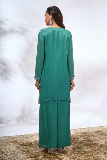 Shop Samyukta Singhania Green Georgette Embroidery, Sequins Round Neck Butti Work Kurta Set at Aza Fashions Shop_Samyukta Singhania_Green Georgette Embroidery, Sequins Round Neck Butti Work Kurta Set _at_Aza_Fashions