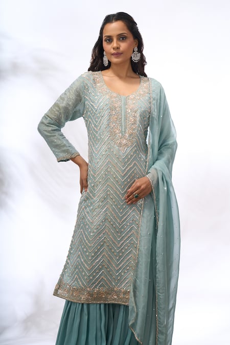 Buy_Samyukta Singhania_Sky Blue Georgette Embroidery, Sequins Split V-neck Chevron Work Kurta Set 