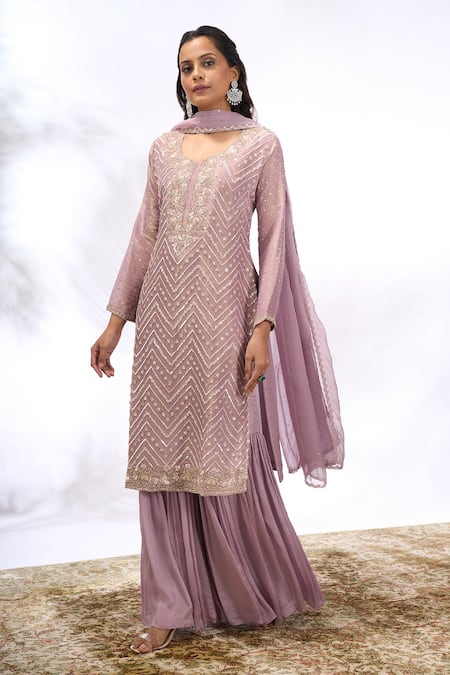 Shop_Samyukta Singhania_Lilac Georgette Embroidery Split V-neck Chevron Work Kurta Set 