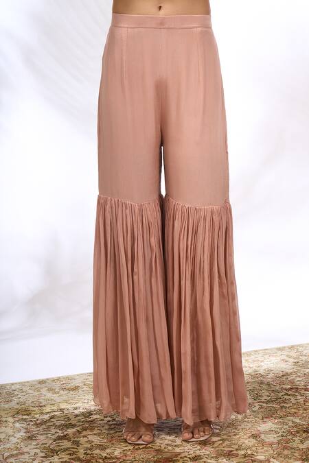 Shop_Samyukta Singhania_Peach Georgette Embroidery V-neck Chevron Work Kurta Set _Online_at_Aza_Fashions