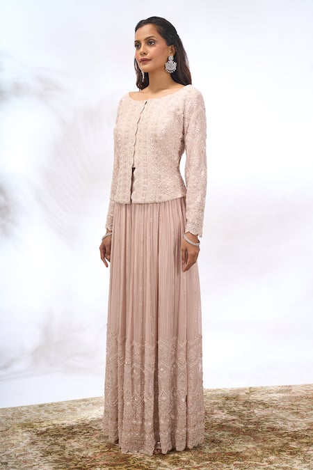 Samyukta Singhania_Beige Georgette Embroidery, Sequins Round , Boat Work Jacket And Pant Set _Online_at_Aza_Fashions