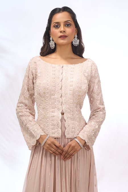 Shop_Samyukta Singhania_Beige Georgette Embroidery, Sequins Round , Boat Work Jacket And Pant Set _Online_at_Aza_Fashions
