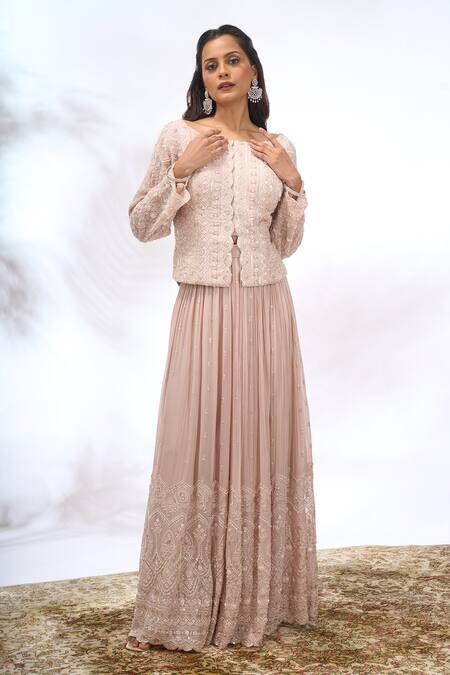 Samyukta Singhania_Beige Georgette Embroidery, Sequins Round , Boat Work Jacket And Pant Set _at_Aza_Fashions