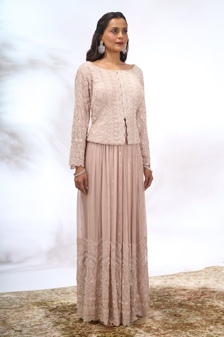 Buy_Samyukta Singhania_Beige Georgette Embroidery, Sequins Round , Boat Work Jacket And Pant Set 