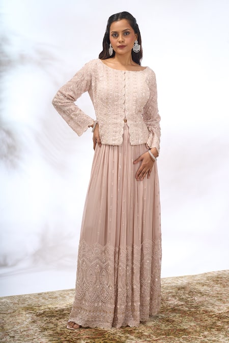 Shop_Samyukta Singhania_Beige Georgette Embroidery, Sequins Round , Boat Work Jacket And Pant Set 