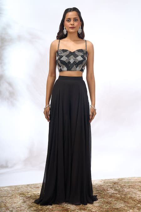 Buy_Samyukta Singhania_Black Georgette Beads, Sequins Open Neck, Sweetheart Embroidered Jacket Pant Set _Online_at_Aza_Fashions