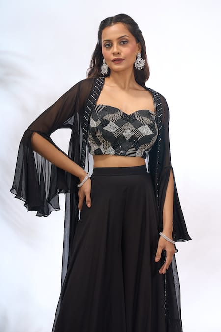Shop_Samyukta Singhania_Black Georgette Beads, Sequins Open Neck, Sweetheart Embroidered Jacket Pant Set _Online_at_Aza_Fashions
