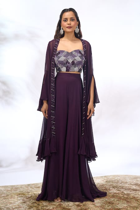 Shop_Samyukta Singhania_Purple Georgette Embroidery, Sequins V-, Sweetheart Jacket Pant Set _Online_at_Aza_Fashions