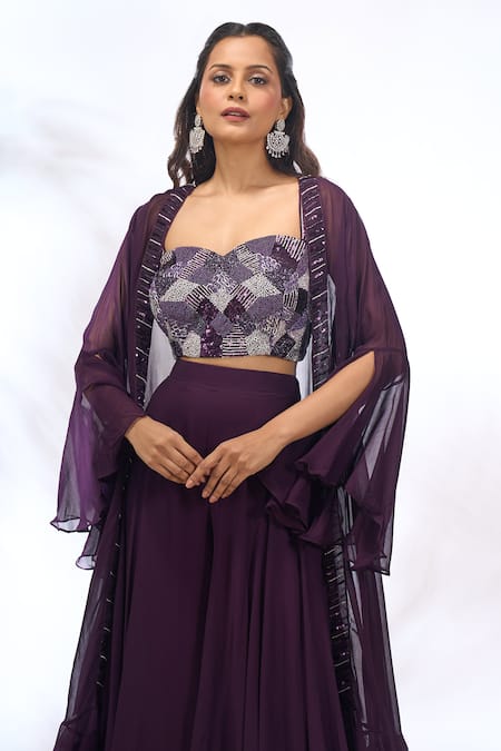 Buy_Samyukta Singhania_Purple Georgette Embroidery, Sequins V-, Sweetheart Jacket Pant Set 
