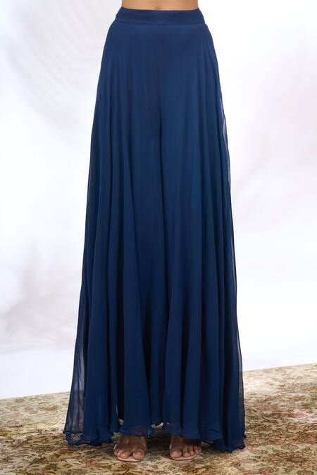 Samyukta Singhania_Blue Georgette Beads, Embroidery, Sequins Open Neck, Sweetheart Jacket Pant Set _Online_at_Aza_Fashions