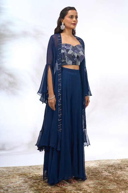 Buy_Samyukta Singhania_Blue Georgette Beads, Embroidery, Sequins Open Neck, Sweetheart Jacket Pant Set _Online_at_Aza_Fashions