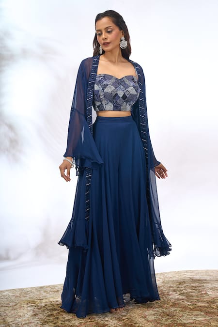 Samyukta Singhania_Blue Georgette Beads, Embroidery, Sequins Open Neck, Sweetheart Jacket Pant Set _at_Aza_Fashions