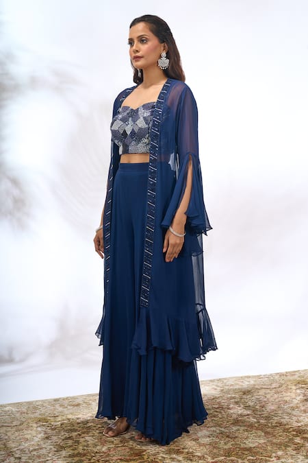 Buy_Samyukta Singhania_Blue Georgette Beads, Embroidery, Sequins Open Neck, Sweetheart Jacket Pant Set 