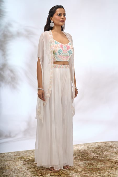 Shop_Samyukta Singhania_White Georgette Embroidery Open , Sweetheart Sheer Jacket And Pant Set _Online_at_Aza_Fashions