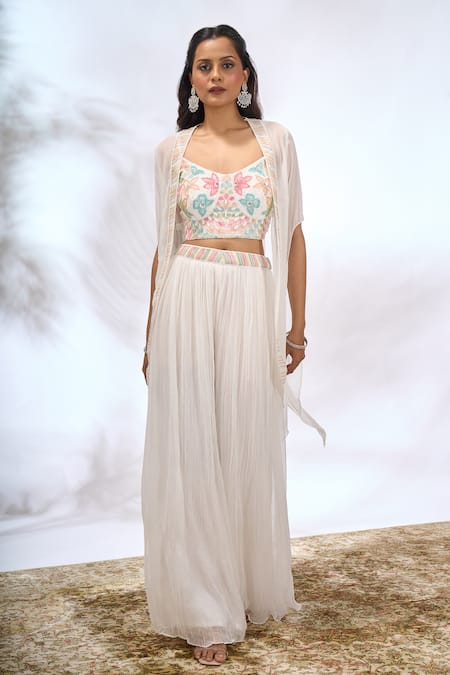 Buy_Samyukta Singhania_White Georgette Embroidery Open , Sweetheart Sheer Jacket And Pant Set 