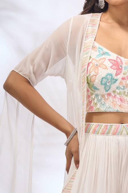 Shop_Samyukta Singhania_White Georgette Embroidery Open , Sweetheart Sheer Jacket And Pant Set 