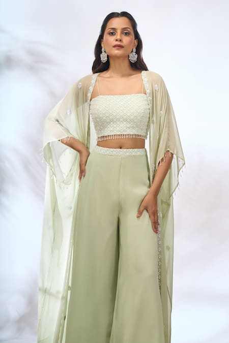 Samyukta Singhania_Green Georgette Embroidery, Beads Open , Square Floral Jacket Pant Set _Online_at_Aza_Fashions