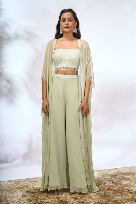 Buy_Samyukta Singhania_Green Georgette Embroidery, Beads Open , Square Floral Jacket Pant Set _Online_at_Aza_Fashions