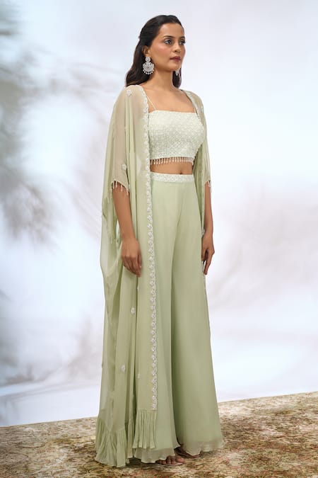Buy_Samyukta Singhania_Green Georgette Embroidery, Beads Open , Square Floral Jacket Pant Set 
